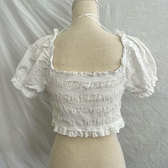 Japna White Cinched Smocked Crop Top Large - Picture 3 of 6